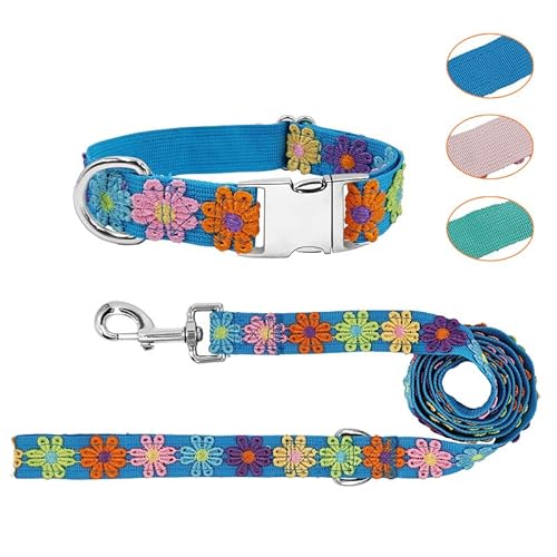GINIDEAR Hundehalsband und Leine, Set für Mädchen und Hunde, mit niedlicher Stickerei, Spitzenblumen für den täglichen Gassi gehen, verstellbar für kleine, mittelgroße und große Hunde. Blau, L von GINIDEAR