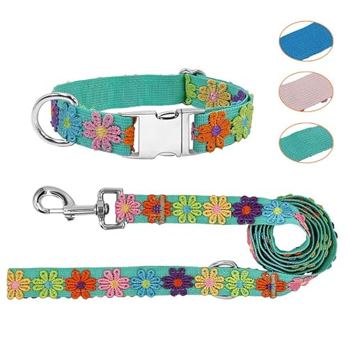 GINIDEAR Hundehalsband und Leine, Set für Mädchen und Hunde mit niedlicher Stickerei, Spitzenblumen für den täglichen Gassi gehen, verstellbar für kleine, mittelgroße und große Hunde. Grün, L von GINIDEAR