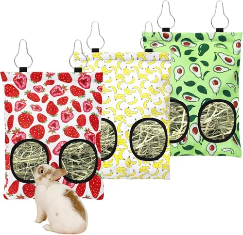 3 x Kaninchen-Heu-Futterbeutel, 2 Löcher, zum Aufhängen, Heu-Futterspender für Meerschweinchen, Heubeutel, waschbar, für Kaninchen, Chinchillas, Hamster, kleine Haustiere und Tiere (30 x 22 cm) von GIOOIG