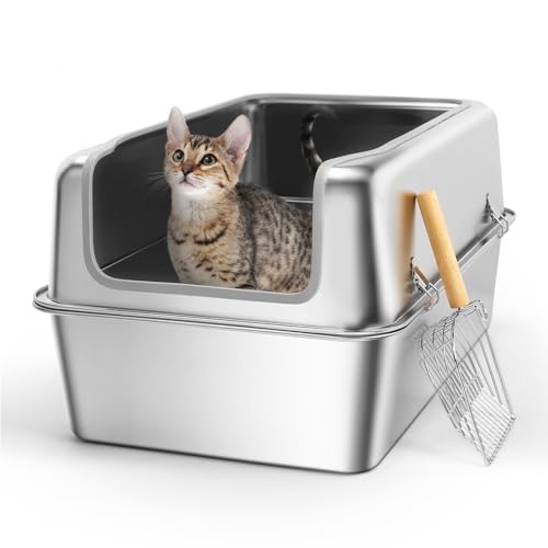 GISOFIK Katzentoilette aus Edelstahl, komplett aus Metall, hohe Seite, Katzentoilette aus Edelstahl für große Katzen und mehrere Katzen, leicht zu reinigen, geruchsfrei von GISOFIK