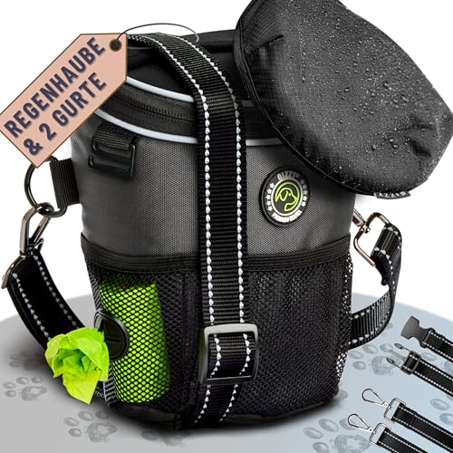 GIZZY® DAS ORIGINAL | Leckerlitasche für Hunde + REGENHAUBE | Leckerlibeutel für Hunde mit praktischer Einhand-Öffnung | Hunde Leckerlitasche für Training & Welpenerziehung | Gassi Tasche Hund [Grau] von GIZZY