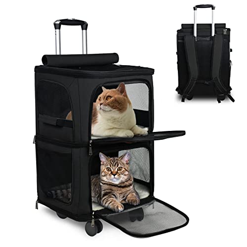 GJEASE Haustier-Rucksack mit zwei Fächern, mit Rollen, Tragetasche für 2 Katzen, super belüftetes Design, ideal für Reisen/Wandern/Camping von GJEASE