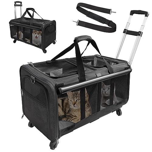 GJEASE Katzentrage für 2 Katzen, Doppelfach, Haustier-Rolltasche mit Rädern für 2 Haustiere, für bis zu 15,9 kg, super belüftetes Design, ideal für Reisen/Wandern/Camping von GJEASE