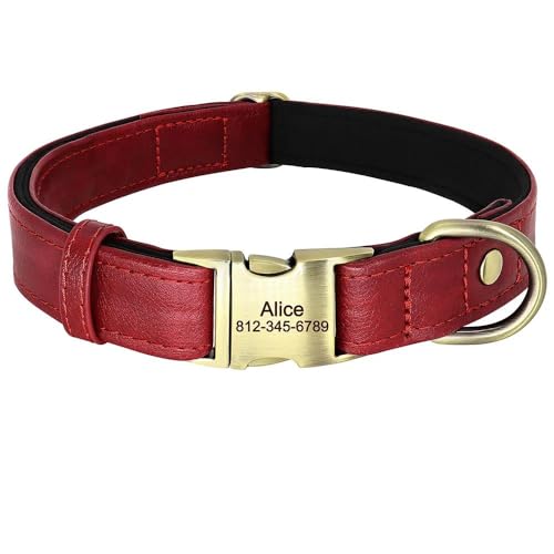 Hundehalsband aus Leder, personalisierbar, mit Metallschnalle, verstellbar, Anti-Verlust-Hundehalsband für Französische Bulldogge, Labrador, Deutscher Schäferhund, Rot, Größe L von GKRB