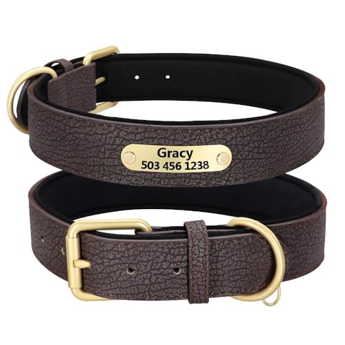 Hundehalsband mit individueller Gravur, Antiverlust, verstellbar, Leder, gepolstert, mit personalisiertem IDschild, Haustierhalsband für Labrador, Französische Bulldogge, B, L von GKRB