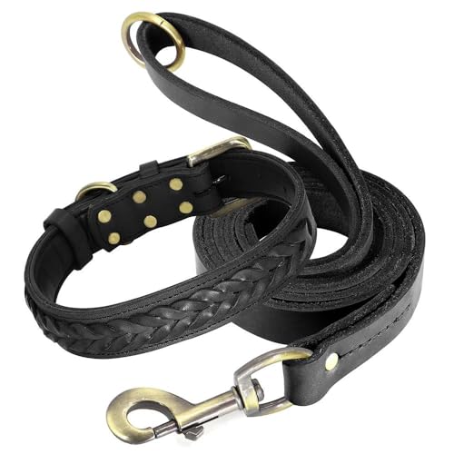 Hundehalsband und Leine, handgewebtes Leder, weiches und strapazierfähiges Hundehalsband und Leine, verstellbares Hundehalsband und Leine, Set für Labrador, Deutscher Schäferhund, Schwarz, Größe M von GKRB