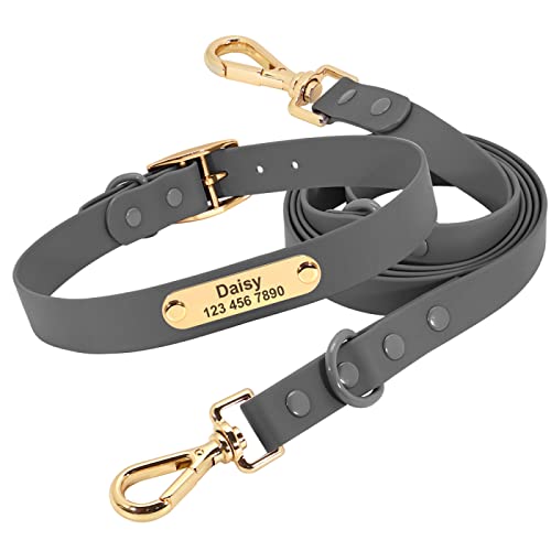 Maßgeschneidertes Hundehalsband-Leinen-Set, Personalisiertes Haustier-ID-Halsband Mit Leine, Outdoor-PVC, Wasserdicht, Verstellbares Hundehalsband-Leinen-Set,Graues Set,S von GKRB