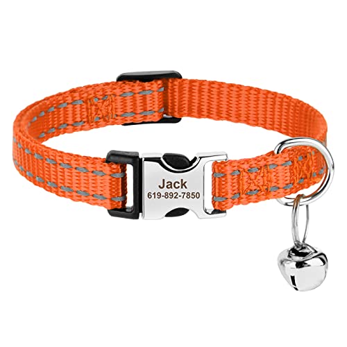 Personalisiertes Anti-Verlust-Katzenhalsband Mit Glöckchen, Outdoor, Reflektierendes Nylon-Hundekatzen-ID-Halsband, Individuell Graviertes Hundehalsband Für Chihuahua, Mops,Orange,18-28cm von GKRB