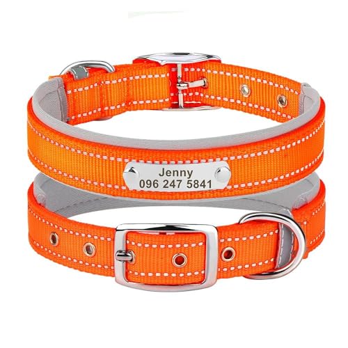 Personalisiertes Hundehalsband, reflektierend, ID-Tag, verstellbares Halsband, Anti-Verlust-Hundehalsband für Chihuahua, Mops, Französische Bulldogge, Orange, Größe S von GKRB