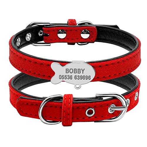 Personalisiertes Katzenhalsband, Personalisierbar, Verstellbar, Hunde-ID, Name, Telefonnummer, Anti-Verlust-Katzen- Und Hundehalsband, Leder-Haustierhalsband, Chihuahua-Mopshalsband,Rot,XXS von GKRB