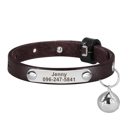 Verstellbares Katzen- und Hundehalsband, Leder, personalisierbar, Anti-Verlust, Namensschild, Haustierhalsband für Chihuahua, Mops, Französische Bulldogge, F, S, 15–23 cm von GKRB