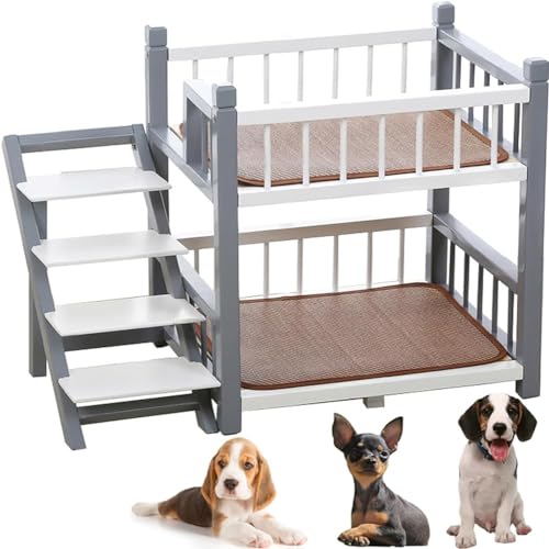 Etagenbett für kleine Hunde und mittelgroße Hunde mit Treppe und erhöhter Sitzstange, doppellagiger Holzrahmen, Hunde abnehmbare doppelte Schicht Haustier Bett mit Treppe(Size:L,Color:Grau) von GLDWEY