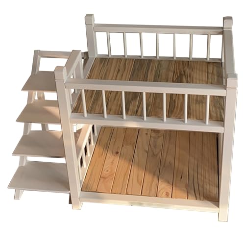 Etagenbett für kleine Hunde und mittelgroße Hunde mit Treppe und erhöhter Sitzstange, doppellagiger Holzrahmen, Hunde abnehmbare doppelte Schicht Haustier Bett mit Treppe(Size:M,Color:Weiß) von GLDWEY