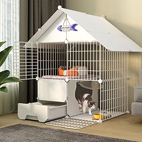 Katzenkäfig - Katzenlaufstall, Käfig Mit Tür Und Geschlossener Katzentoilette, DIY-Laufstall Für Haustiere, Katzenkiste, Käfig, Zwinger, Faltbarer Zaun, Hofbarriere Für KSet C-75 * 49 * 109CM von GLETSF