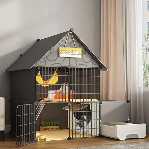 Zusammenklappbarer Katzenkäfig Mit Katzentoilette, Katzengehege Mit 2/3 Ebenen, DIY-Katzenlaufstall, Haustierlaufstall Mit Dichtem Metalldraht, DIY-Katzenhaus, AbnehmbareGrey-44x154x43 von GLETSF