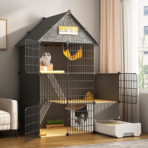 Zusammenklappbarer Katzenkäfig Mit Katzentoilette, Katzengehege Mit 2/3 Ebenen, DIY-Katzenlaufstall, Haustierlaufstall Mit Dichtem Metalldraht, DIY-Katzenhaus, AbnehmbareGrey-44x19x56 von GLETSF