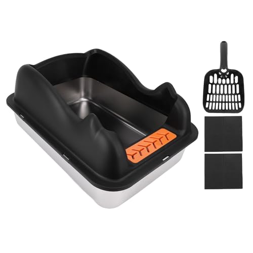 Katzenstrauderbox, Bequeme Antispritzige Hochseitige Große Metallkätzchen -Toilette Edelstahl Geräumige Konstruktion Top -Eingang Katzenratstreubox mit Deckel für Zuhause (Black) von GLOGLOW