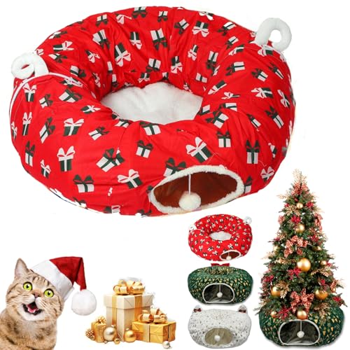 Christmas Tree Cat Tunnel, Katzentunnel Weihnachtsbaum, Katzentunnel für unter den Weihnachtsbaum, faltbares Katzentunnelspielzeug, Plüsch-Katzentunnel für den Innenbereich (Red) von GLSAYZU