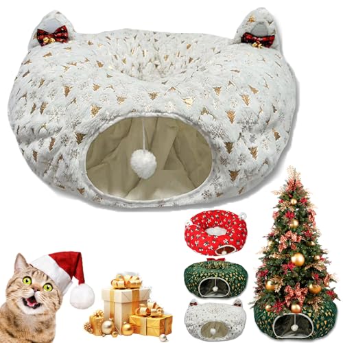 Christmas Tree Cat Tunnel, Katzentunnel Weihnachtsbaum, Katzentunnel für unter den Weihnachtsbaum, faltbares Katzentunnelspielzeug, Plüsch-Katzentunnel für den Innenbereich (White) von GLSAYZU