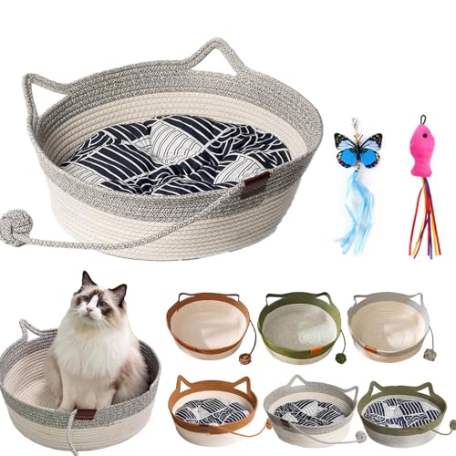 GLSAYZU Virelapets Woven Rope Cat Basket, 13” /16” /18” Thickened Hand Woven Cats Bed, Grip-Resistant Semi-Enclosed Round Pad (Gray(Padded), L) von GLSAYZU