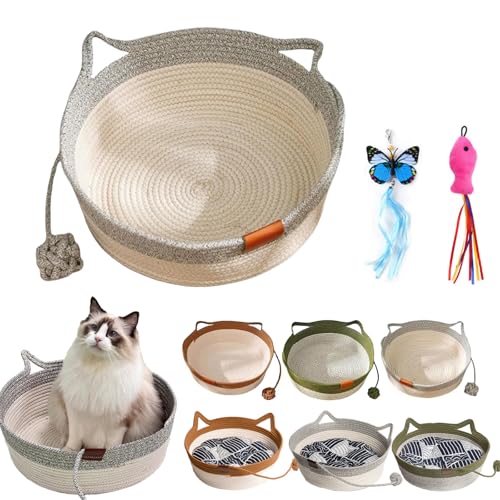 GLSAYZU Virelapets Woven Rope Cat Basket, 13” /16” /18” Thickened Hand Woven Cats Bed, Grip-Resistant Semi-Enclosed Round Pad (Gray, L) von GLSAYZU