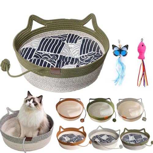 GLSAYZU Virelapets Woven Rope Cat Basket, 13” /16” /18” Thickened Hand Woven Cats Bed, Grip-Resistant Semi-Enclosed Round Pad (Green(Padded), L) von GLSAYZU