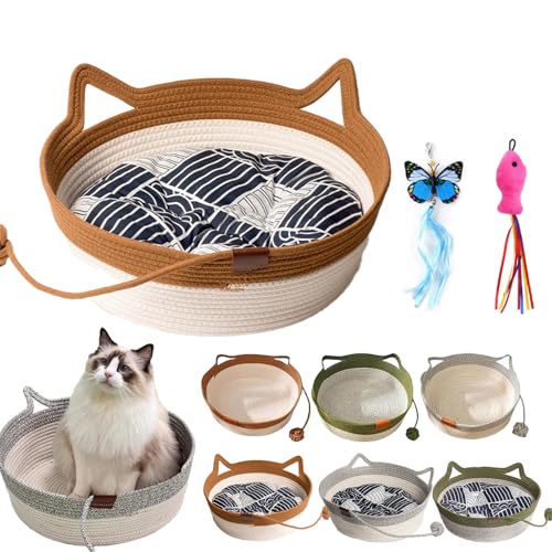 GLSAYZU Virelapets Woven Rope Cat Basket, 13” /16” /18” Thickened Hand Woven Cats Bed, Grip-Resistant Semi-Enclosed Round Pad (Khaki(Padded), L) von GLSAYZU