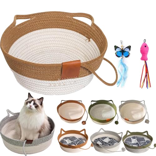 GLSAYZU Virelapets Woven Rope Cat Basket, 13” /16” /18” Thickened Hand Woven Cats Bed, Grip-Resistant Semi-Enclosed Round Pad (Khaki, L) von GLSAYZU