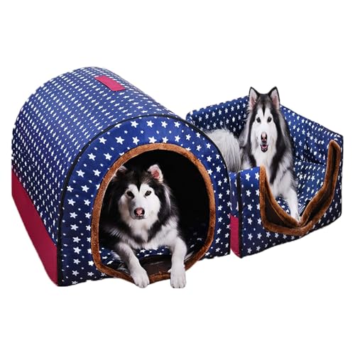 Extra großes Haustierhaus Hundebett mit Dach XL, Labrador beruhige Höhle mittelschrockener orthopädischer Kissen Korbheizung Heizung Pad Anti Angst kaut Jumbo kleines Zelt schwierig(Blue+red,L:60X47X4 von GLikur