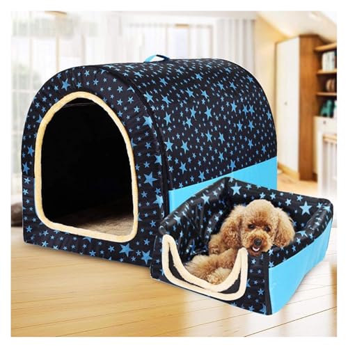 Extra großes Haustierhaus Hundebett mit Dach XL, Labrador beruhige Höhle mittelschrockener orthopädischer Kissen Korbheizung Heizung Pad Anti Angst kaut Jumbo kleines Zelt schwierig(Blue stars,XXL:92X von GLikur