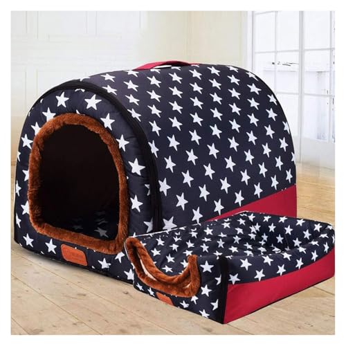 Extra großes Haustierhaus Hundebett mit Dach XL, Labrador beruhige Höhle mittelschrockener orthopädischer Kissen Korbheizung Heizung Pad Anti Angst kaut Jumbo kleines Zelt schwierig(Navy star,M:45X35X von GLikur