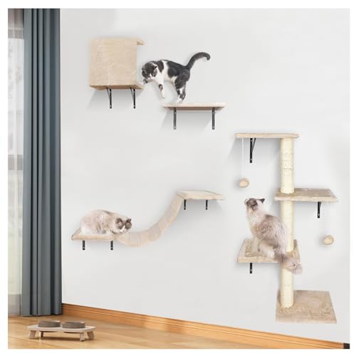 Katzen kletterwand Set mit Katzenbaum Hängematte, Katzenwandmöbel Set, 5-teiliges -Wandregale, Stabiler Holzkletterer, Katzenregale und Sitzstangen für Wand, Kletterregal Spielplatz, Katzenkratzbaum ( von GLikur