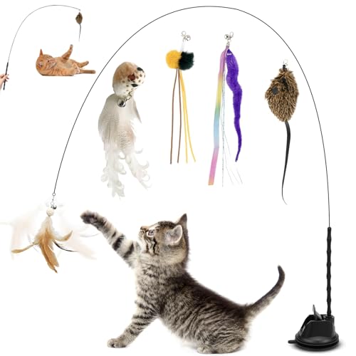 Katzenspielzeug Interaktiv Spielzeug Katze Intelligenz Cat Toys Kätzchen Zauberstab Kätzchen Zauberstab mit Saugnapf Federn für Kleine Große Katzen von GMMG