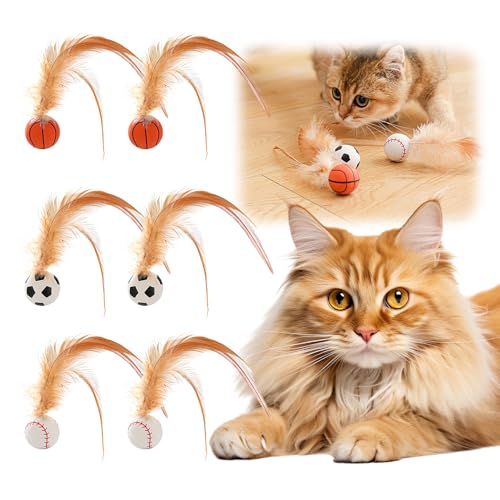 GMTEO Katzenspielzeug Ball, 2025 Neu 3 Stück Interactive Feather Ball Toy Set for Cats, Ultra hohe Elastizität Interaktives Katzenspielzeug Feder, Katzenspielzeug Selbstbeschäftigung (6 Stück) von GMTEO