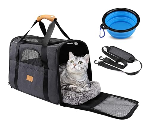 Transportbox für Katzen und Hunde, atmungsaktive Tragetasche für Haustiere, mit verstellbarem Schultergurt, herausnehmbare, weiche und waschbare Matratze + Schüssel, 44 x 31 x 34 cm (L x B x H) von GNCPets