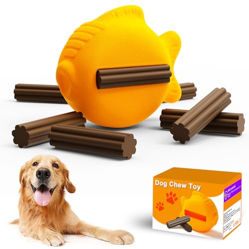 GNKatze Long Lasting Hundespielzeug,Goldfisch Hundespielzeug für Aggressive Kauer,robuste Hundespielzeug mit Naturkautschuk,stopfbare Snack Hundespielzeug mit 8 Hundekau-Sticks von GNKatze