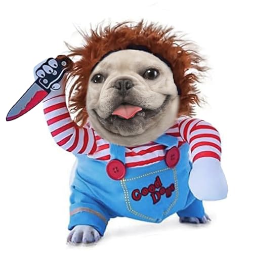 Chucky Hundekostüm mit Messer, tödliche Kleidung, lustiges Weihnachts-Halloween-Hundekostüm für kleine, mittelgroße und große Hunde (Stil 1, XL) von GOBWCOT