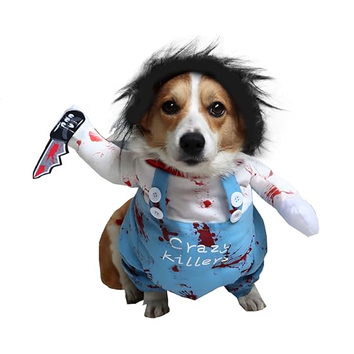 Chucky Hundekostüm mit Messer, tödliche Kleidung, lustiges Weihnachts-Halloween-Hundekostüm für kleine, mittelgroße und große Hunde (Stil 2, XL) von GOBWCOT