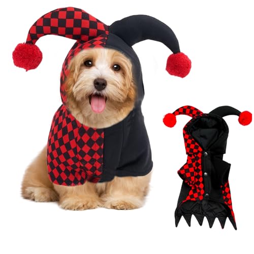 Hunde-Clown-Kostüm, Halloween-Kostüm, lustiger Katzen-Overall, Outfit mit Hut, Cosplay-Kostüme, Partykleidung (Schwarz-Rot, Größe M) von GOBWCOT