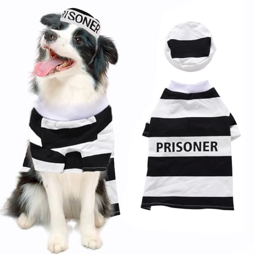 Hunde-Häftlingskostüm, Halloween, Häftlingskostüme für kleine, mittelgroße und große Hunde, lustiges Gefängnis-Outfit, Haustier-Kriminal-Set (Schwarz und Weiß, Größe M) von GOBWCOT