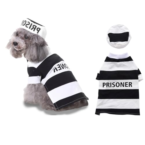 Hunde-Häftlingskostüm, Halloween, Häftlingskostüme für kleine, mittelgroße und große Hunde, lustiges Gefängnis-Outfit, Haustier-Kriminal-Set (Schwarz und Weiß, Größe M) von GOBWCOT