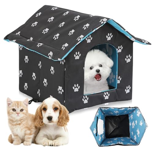 GOEDCH Katzenhaus Für Draußen Winterfest: 40x38x35cm Wasserdicht Und Warm Faltbare Pet Tierheim Mit Abnehmbarem Kissen, Waschbar Haustierhaus im Freien für Kleine Hund Katze, Streuner Haustiere von GOEDCH