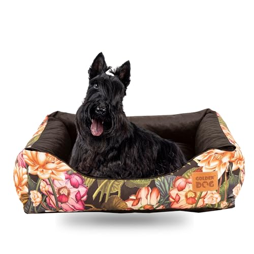 GoldenDog Hundebett Hundekorb Waschbarer Hundekorb Flauschige Hundematratze mit erhöhten Rändern Weiches Hundesofa, Katzen Samt „Square Kinia“ (Blumen, XXL) von GOLDEN DOG