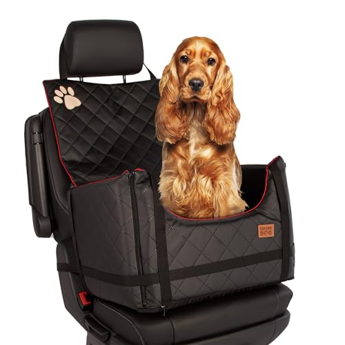 Golden Dog - Transportbox Hund mit Sicherheitsgurt L-65x53x27 cm - Leder Imitation Autositz Hund, Wasserdicht Hundesitz Auto - Beifahrersitz Hundebox Faltbar - Anschnallgurt Hundekorb Auto, Braun von GOLDEN DOG