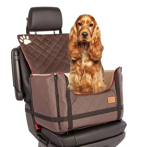 Golden Dog - Transportbox Hund mit Sicherheitsgurt L-65x53x27 cm - Leder Imitation Autositz Hund, Wasserdicht Hundesitz Auto - Beifahrersitz Hundebox Faltbar - Anschnallgurt Hundekorb Auto, Braun von GOLDEN DOG