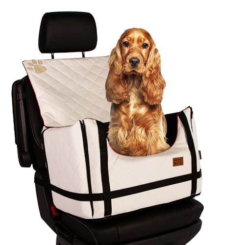 Golden Dog - Transportbox Hund mit Sicherheitsgurt L-65x53x27 cm - Leder Imitation Autositz Hund, Wasserdicht Hundesitz Auto - Beifahrersitz Hundebox Faltbar - Anschnallgurt Hundekorb Auto, Weiß von GOLDEN DOG