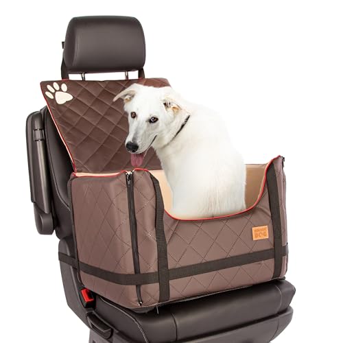 Golden Dog - Transportbox Hund mit Sicherheitsgurt M-52x44x33 cm - Leder Imitation Autositz Hund, Wasserdicht Hundesitz Auto - Beifahrersitz Hundebox Faltbar - Anschnallgurt Hundekorb Auto, Braun von GOLDEN DOG