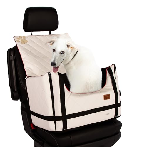 Golden Dog - Transportbox Hund mit Sicherheitsgurt M-52x44x33 cm - Leder Imitation Autositz Hund, Wasserdicht Hundesitz Auto - Beifahrersitz Hundebox Faltbar - Anschnallgurt Hundekorb Auto, Weiß von GOLDEN DOG