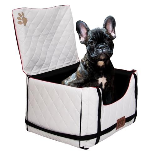 Golden Dog - Transportbox Hund mit Sicherheitsgurt M-52x44x33 cm - Leder Imitation Autositz Hund, Wasserdicht Hundesitz Auto - Beifahrersitz Hundebox Faltbar - Anschnallgurt Hundekorb Auto, Weiß von GOLDEN DOG