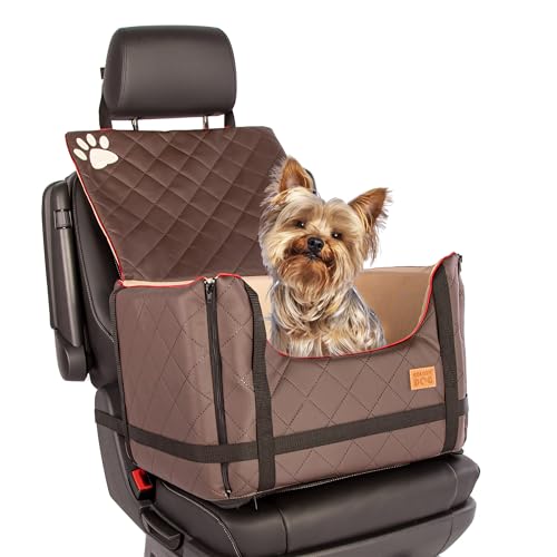 Golden Dog - Transportbox Hund mit Sicherheitsgurt S-45x35x33 cm - Leder Imitation Autositz Hund, Wasserdicht Hundesitz Auto - Beifahrersitz Hundebox Faltbar - Anschnallgurt Hundekorb Auto, Braun von GOLDEN DOG